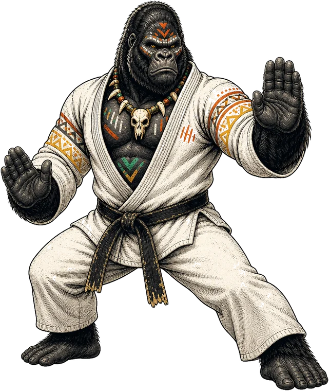 The Gorilla mascot in a martial arts gi with a black belt